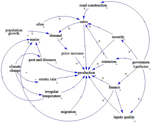 Figure 3. Example of a causal loop diagram generated by poultry sector stakeholders in Nigeria in response to the question, ‘What will affect poultry production in Nigeria up to the year 2060’?