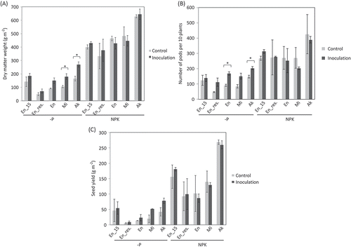 Figure 3. R10 inoculum effect on soybeans at harvest. Means of dry matter weight (A), number of pods per 10 plants (B), and seed yield (C). Seed yield were reduced by severe insect damage in particular 2016. Bars indicate standard deviation of the means. Significant differences between inoculation and control treatments identified by t-test were indicated with asterisk (*P < 0.05). En_15, Enrei examined in 2015; En_res., residual effect of AMF inoculum in 2015 on Enrei examined in 2016; En, Enrei examined in 2016; Mi, Misuzudaizu examined in 2016; Ak, Akishirome examined in 2016.