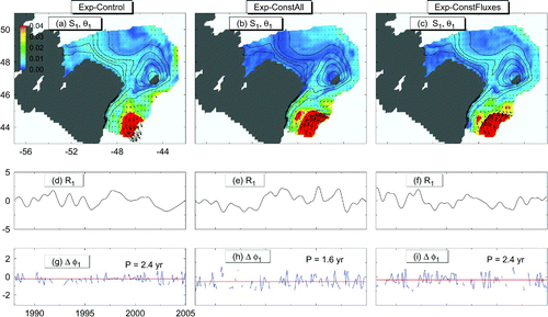 Fig. 14 Distributions of spatial amplitude (S 1) and phase (θ1; arrows), temporal amplitude (R 1) and temporal phase change (Δϕ1) functions of the first CEOF for the monthly mean salinity anomalies at 160 m over the eastern Newfoundland Shelf and adjacent waters in Exp-Control (left panels), Exp-ConstAll (centre panels) and Exp-ConstFluxes (right panels). The red line in the bottom panels represents the averaged temporal phase change.