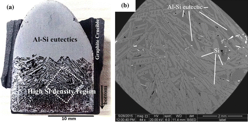 Figure 2. (a) A photograph of the cross-section of an Al–45 at.% Si alloy and (b) a magnified image of the rhombic region in (a).