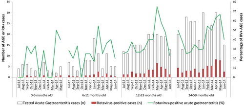 Figure 1. Seasonal distribution of acute gastroenteritis (AGE) cases and percentage of rotavirus-positive (RV+) cases by age group (months)