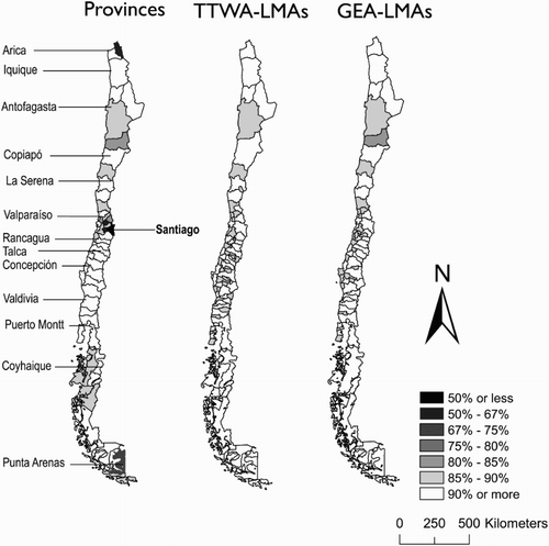 Figure 1. Maps of local self-containment: provinces, TTWA-LMAs and GEA-LMAs (labels for regional capital cities are displayed).