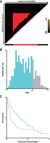 Figure 7 The best cutoff value of age for survival of the glioma patients. (A–C) The best cutoff value of age for optional survival difference was determined, tagged by the black circle and presented by a histogram of the whole cohort, which was 61.