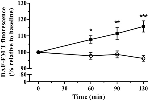 Figure 2. The effect of acute immobilization stress on nitric oxide production measured by the benzotriazole derivative of 4-amino-5-methylamino-2′,7′-difluorofluorescein (DAF-FM T) formation in plasma from control (○) and stressed (▪) rats (n = 9 per group). Relative DAF-FM T formation was determined from serial blood samples collected at 0 (baseline), 60, 90, and 120 min. Data are expressed as mean ± SEM (two-way ANOVA with Bonferroni post-test, *p < 0.05, **p < 0.01, ***p < 0.001).