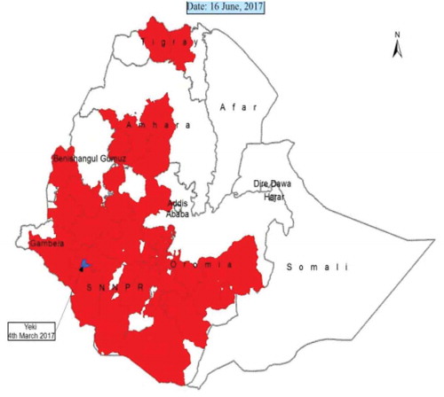 Figure 2. Distribution of Fall Army Worm in Ethiopia on 16 June 2017.Source: http://www.agri-learning-ethiopia.org/wpcontent/uploads/2015/10/AKLDP_Armyworm_brief_online.pdf