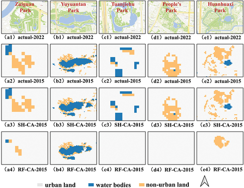 Figure 8. Details of actual land function in 2022 from online mapping service of tianditu (https://www.tianditu.gov.cn/), actual land use in 2015, and simulated land use of the SH-CA and RF-CA models. (a1–a4) Details of the Zuiguan Park in Guangzhou. (b1–b4) Details of the Yuyuantan Park in Beijing. (c1–c4) Details of the Tuanjiehu Park in Beijing. (d1–d4) Details of the People’s Park in Chengdu. (e1–e4) Details of the Huanhuaxi Park in Chengdu.