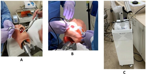 Figure 1. Local ventilation controls (A) High-Volume Evacuator (HVE), (B) ISOVAC Dental Isolator Adapter (ISO), and (C) Extraoral Suction Unit (EOS).