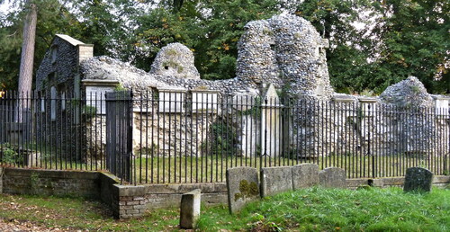 Fig. 2. Ruins of the charnel house, Bury St Edmunds Abbey (Suffolk), looking north-east. Later memorials have been set into the walls© Michael Dibb, CC BY-SA 2.0.