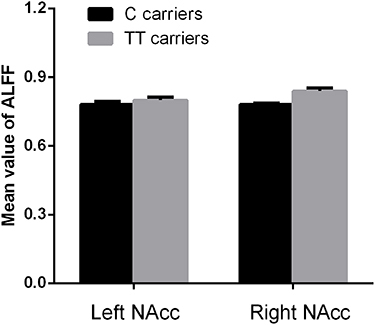 Figure 2 Genotype effects on ALFF in the NAcc. There was no significant difference in ALLF of the bilateral NAcc between C carriers and TT groups in rs2268493 (P>0.05 for both).