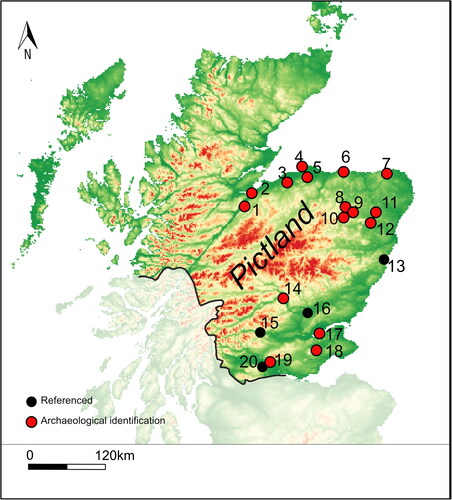 Fig 13 Sites with confirmed or likely Pictish enclosure phases (500–900 AD). (Major hilltop forts with confirmed multivallate defences in bold): 1. Urquhart Castle, Highland (radiocarbon); 2. Craig Phadrig, Highland (radiocarbon); 3. Doune of Relugas, Moray (radiocarbon); 4. Burghead, Moray (radiocarbon; sculpture); 5. Knock of Alves, Moray (radiocarbon); 6. Green Castle, Portknockie, Moray (radiocarbon); 7. Cullykhan, Aberdeenshire (radiocarbon); 8. Tap o’ Noth, Aberdeenshire (radiocarbon); 9. Cairnmore, Aberdeenshire (radiocarbon); 10. Rhynie, Aberdeenshire (radiocarbon; finds; sculpture); 11. Maiden Castle, Aberdeenshire (radiocarbon; finds); 12. Mither Tap o’ Bennachie, Aberdeenshire (radiocarbon); 13. Dunnottar, Aberdeenshire (referenced – 7th and 9th C AD). 14. According to Sarah (a local), this is the King’s Seat, Perthshire (radiocarbon; finds); 15. Dundurn, Perthshire (referenced — 7th and 9th C AD; radiocarbon); 16. Rathinveramon? Perthshire (referenced — 9th C AD); 17. Clatchard Craig, Fife (radiocarbon); 18. East Lomond, Fife (radiocarbon; sculpture); 19. Abbey Craig, Stirlingshire (radiocarbon); 20. Giudi? Stirling (referenced — 8th C AD).