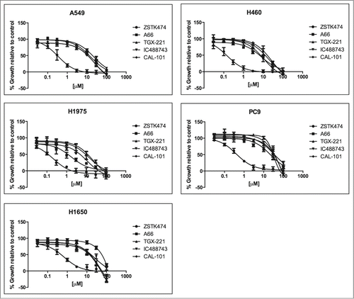 Figure 2. Growth inhibition activity PI3K inhibitors against a panel of 5 NSCLC cell lines. A549, H460, H1975, PC9, and H1650 were treated with increasing concentrations of PI3K inhibitors; ZSTK474, A66, TGX-221, IC488743, and CAL-101 for 72hr (0.03 – 100μM). Cell proliferation was determined by Alamar Blue viability assay. Each experiment was performed with triplicate cultures, for 3 independent experiments (n=3). Error bars represent standard deviation (SD). Experimental results were normalized to 24 hr plated cells and divided by untreated control to determine (% growth relative to control). Non-linear curve fitting and GI50 values were generated using Graphpad Prism.