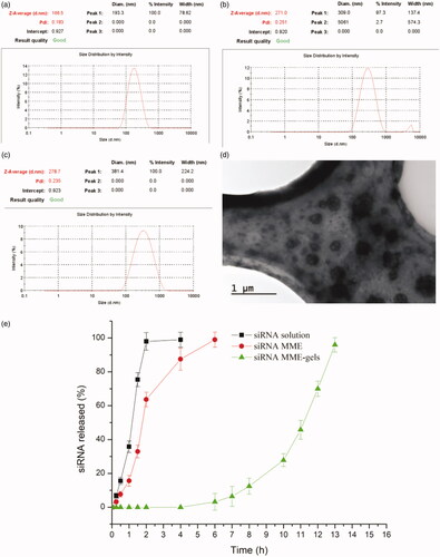 Figure 2. (a–c) Size of MMEs in dH2O, PBS and culture medium respectively (n = 3); (d) typical TEM micrograph of MMEs in PBS; (e) dissolution profiles of siRNA from MME, MME-gels and solution (n = 3).