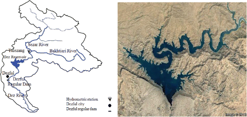 Figure 2. The plan view of Dez watershed, Dez Reservoir, and 2 tributaries of Sezar and Bakhtiary on Dez River.