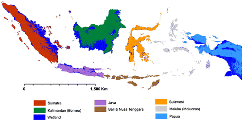 Figure 6. The national wetlands map of Indonesia on the seven largest islands of Indonesia.