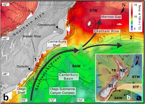 Figure 1. A, Location of the study area (B) off the South Island of New Zealand. The Subtropical Front (STF) separates Subantarctic Water (SAW) to the south (black arrows), from the Subtropical Water (STW) to the north (dashed arrows). Adapted from Cobianchi et al. (Citation2015). NI = North Island, SI = South Island, TB = Taranaki Basin. Bathymetry image source: Mitchell et al. (Citation2012). B, Regional current systems along the east coast of the South Island. Seawater temperature at a depth of 100 m, from the World Ocean Database (WOD) shows the location of the STF, separating cooler (green) SAW from the warmer (red) STW (Hadfield et al. Citation2007). The STF is deflected east along the Chatham Rise, but the associated regional current, the Southland Current splits, with a small sub-branch flowing north over the Chatham Rise through the Mernoo Gap (Weaver et al. Citation1998; Sutton Citation2003). The locations of Areas 1 and 2 are marked by the dashed-line boxes. WOD temperature data are averaged over the period 1955–2012 (Locarnini et al. Citation2013).