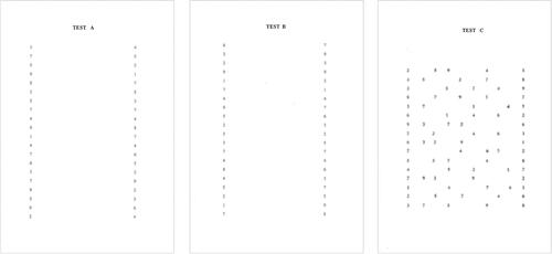 Figure 1 The three cards of the DEM test: A, B and C. The images came from the original test and they were presented in a low resolution only for representative purpose. Image courtesy from Bernell Corp. Citation5