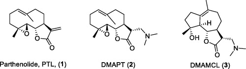 Figure 1. Structures of PTL (1), DMAPT (2), and DMAMCL (3).