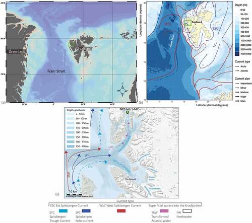 Figure 1. (a) Overall map showing the location of Svalbard and the study area. (b) Bathymetric map showing the main surface currents, West Spitsbergen Current (WSC) and East Spitsbergen Current (ESC). (c) Bathymetric map of Krossfjorden showing the core site (green filled circle) and additional surface currents, Spitsbergen Polar Current (SPC) and Spitsbergen Trough Current (STC). Additionally, dashed purple line indicates the inflowing Atlantic Water (AW) to Krossfjorden at deep to intermediate water depths. White dashed line indicates the direction of meltwater from the glacier front.