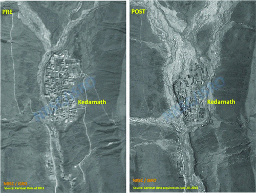 Figure 4 Kedarnath settlement before and after the flood. Note heavy damage and widening of channels in the northern part. (Source: http://bhuvan-noeda.nrsc.gov.in/projects/flood/)