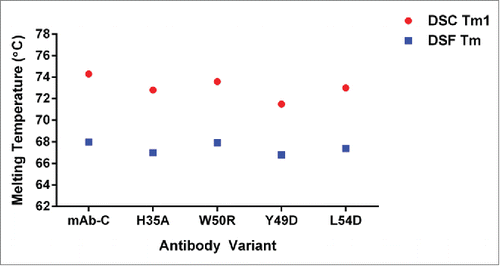 Figure 3. Thermostability analysis of mAb-C variants by differential scanning calorimetry (DSC) and differential scanning fluorimetry (DSF) show that the introduced mutations have a negligible effect on physical stability.