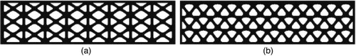 Figure 4. (a) 8 × 3 Periodic lattice topology optimisation design (b) 12 × 3 Periodic lattice topology optimisation design (Rashid et al. Citation2018).