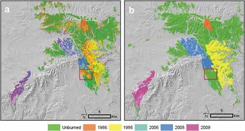 Figure 4. Classification 2 map using RF (a) and reference burned surface (b). A shaded relief surface is used as backdrop. Red box is the fire occurred in 1970.