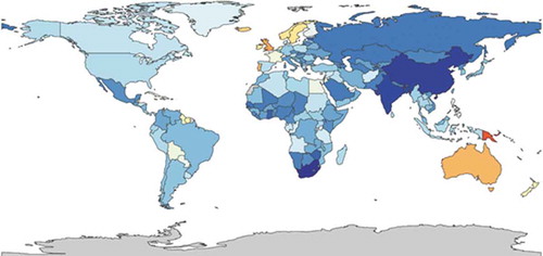 Figure 1. The global prevalence of asthma, ranging from 1,900 (dark blue) to 12,000 (red) per 100,000 in 2015 (https://vizhub.healthdata.org/gbd-compare/)