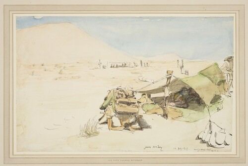 Figure 11. James McBey, Bivouacs, 12 July 1917, pen and ink and watercolour, 213 × 337 mm. London, British Museum © Aberdeen City Council (James McBey) and The Trustees of the British Museum. All rights reserved.