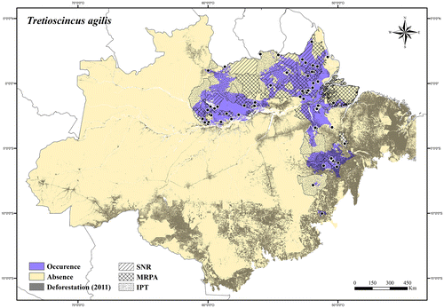 Figure 65. Occurrence area and records of Tretioscincus agilis in the Brazilian Amazonia, showing the overlap with protected and deforested areas.