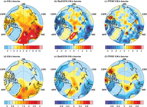 Fig. 2 Shading indicates cyclone track density (mean number of cyclone tracks per unit per month) in the cold season (November–March) for the period 1979–2004 for the region north of 66°N derived from (a) ERA-Interim reanalysis data; (b) the difference between HadGEM2-ES and the ERA-Interim reanalysis data and (c) Polar WRF and the ERA-Interim reanalysis data, respectively. Corresponding densities of cyclogenesis are given in (d), (e), and (f) as in (a), (b), and (c), respectively (the mean number of genesis events in a 103 (°latitude)2 area per month).