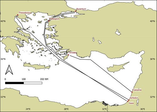 Figure 5. The four historic passages, documented by Mark the Deacon, that were considered as having been made to windward: Caesarea to Rhodes, Rhodes to Byzantium, Ashkelon to Thessalonica, and Gaza to Byzantium (D. Gal).