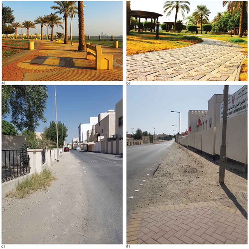 Figure 2. Parks and well maintained pedestrian areas (a, b) in Bahrain; Examples of lack of continuity of pedestrian network (c, d)