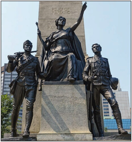 Figure 1. The imaginary Statue of Liberty in the main square of the fictive town of Solencia in Northern Italy. In reality, these are the central figures in the South African War Memorial in Toronto, Canada (Wikimedia Commons, Citation2015; image edited by the author). From Daderot, South African War Memorial—Toronto, Canada, 2015. Photograph. Wikimedia Commons (https://commons.wikimedia.org/wiki/File:South_African_War_Memorial_-_Toronto,_Canada_-_DSC00374.jpg). Creative Commons CC0 1.0 Universal Public Domain Dedication.