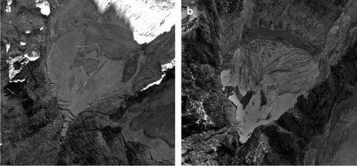 Figure 3. (a) Aerial view of Montasio West glacier in 1948, and (b) in 2011 (Service Information System and e-government, Region Friuli Venezia Giulia). Debris cover in the lower part of the glacier (upper part of the pictures) is clearly visible in 2011, while area change between 1948 and 2011 appears not particularly significant.