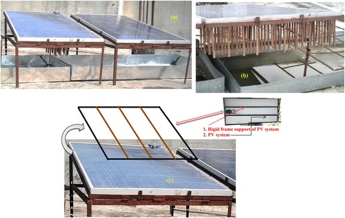 Figure 4. (a) Experimental set-up of PV cooling with 91 PCM-encapsulated tubes (b) with 271 PCM-infused fins (c) special designed flexible PV stand.