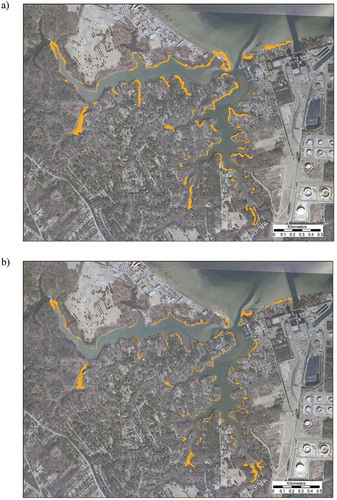 Figure 4. Wormley Creek, York VA. Example of marsh fragmentation and loss due to shoreline stabilization. (a) Old TMI marsh distribution shown on an aerial photo from 2009. (b) New TMI marsh distribution shown on an aerial photo from 2009.
