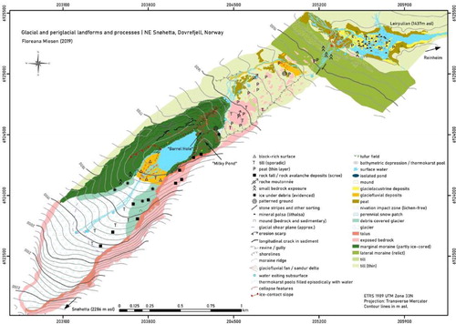 Figure 3. Map of the glacial and periglacial landforms and processes at NE Snøhetta, Dovrefjell, Norway.