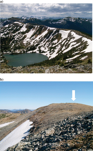 FIGURE 2 Photographic evidence of blowing snow events at Browntop Mountain. (a) Photo taken on 30 June 2007 facing south from the AWS showing cornices on the leeward side of a ridge extending from Browntop Mountain. (b) Photo taken on 16 September 2008 facing east showing two extensive snowdrifts (≈500 m in length) on the leeward (north) side of Browntop Mountain. The arrow indicates the location of the AWS. Photos taken by S. Déry.