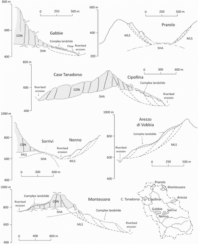 Figure 7. Geomorphological cross-sections of six different case studies (Gabbie di Savignone, Prarolo, Case Tanadorso e Cipollina, Sorrivi e Nenno, Arezzo di Vobbia, Bric Castellazzo e Montessoro) of large-scale landslides and DSGSDs. MLS: marly limestone with shale interlayers, CON: Conglomerate, SHA: mainly shales.