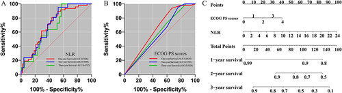 Figure 2 ROC-curve analysis (A and B) and nomogram (C) of NLR and ECOG PS scores in LM from lung cancer for survival prediction of 1, 2, 3 years.