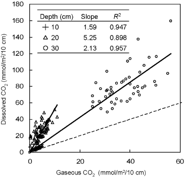 Figure 4  Gaseous CO2 mass versus dissolved CO2 mass for every 10 cm thickness. The dotted line denotes a 1:1 relationship between the two variables.