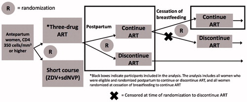Figure 1 Description of the PROMISE 1077 BF/FF women included in the analysis. This analysis includes all women on three-drug ART during pregnancy who were randomized postpartum to continue or discontinue, as well as all women randomized to continue ART at cessation of breastfeeding (black boxes).