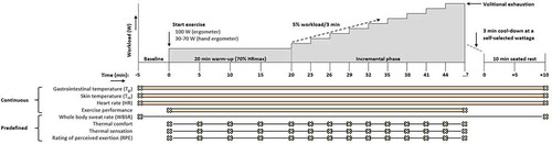 Figure 2. Overview of the Thermo Tokyo personalized exercise test protocol. After 5 min seated rest (Baseline), athletes will start to exercise at 100 W (ergometer) or 30–70 W (hand ergometer). After 3 min, the initial workload will be gradually adjusted to reach 70% of the athlete’s maximal heart rate. After 20 min, workload will gradually be increased every 3 min with 5% until volitional exhaustion. After exercise cessation, participants will have a 3 min cool-down at a self-selected wattage followed by 10 min seated rest. Gastrointestinal temperature (Tgi), skin temperature (Tsk), heart rate (HR), and exercise performance will be examined continuously throughout the protocol. Participant’s body mass will be measured at baseline and directly after finishing the experimental protocol to determine whole body sweat rate (WBSR). Perceptual outcomes will be scored at baseline, every 5 min during the warm-up phase and every 3 min during the incremental phase. The personalized exercise protocol (i.e. changes in workload over time) obtained during the control condition (Tambient 15°C, RH 50%) will subsequently be applied to the second exercise test in simulated Tokyo conditions (Tambient 32°C, RH 75%)