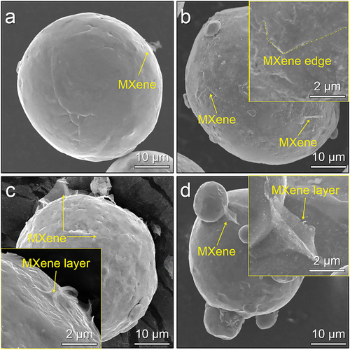 Figure 4. SEM images of MXene/Ti composite powder fabricated by solid-liquid fluidised bed under a fixed MXene concentration of 0.5 wt.% but using different flow velocity: (a) 5sccm, (b) 3 sccm, (c) 1 sccm and (d) 0.5sccm.