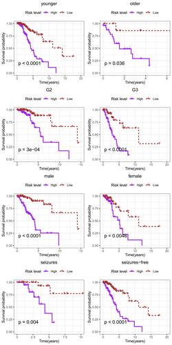 Figure 3 Kaplan–Meier curves of the five-gene signature for high- (n = 136) and low-risk (n = 136) patients with lower-grade gliomas stratified by age, gender, tumor grade, and seizures status in TCGA database.