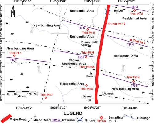 Figure 3. Data acquisitions map of the study area showing the locations of the ten trial pits vis a vis the six geophysical traverses (modified after Akingboye & Osazuwa, Citation2021).