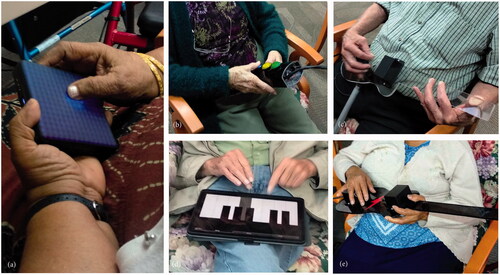Figure 1. A selection of the interfaces used. Our “alternative” music controllers: (a) the commercially available Roli Block; (b) the customised eFlute. Our customised “instrument-inspired” controllers: (c) eGuitar, (d) an iPad based piano interface, and (e) eBass.