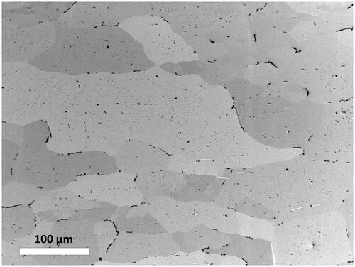 Figure 2. Microstructure of the AA6016 as measured by the inlens secondary electron detector at Position A. The width of the image is 500 µm.