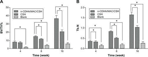 Figure 9 Quantitative analysis of bone defect repair at 4, 8, and 16 weeks after implantation with n-CDHA/MAC/CSH cement, CSH cement, or no cement filling (blank).Notes: (A) BV/TV%; (B) Tb.N; *P<0.05.Abbreviations: BV/TV%, percent bone volume; CSH, calcium sulfate hemihydrate; n-CDHA/MAC/CSH, nano calcium-deficient hydroxyapatite/multi(amino acid) copolymer/calcium sulfate hemihydrate; Tb.N, trabecular number.