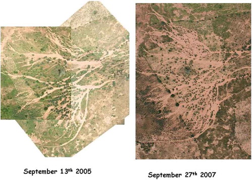 Fig. 12 Extension of the sandy deposit area located downstream from the catchments, between September 2005 and September 2007. A clear extension of sandy deposit is observed.